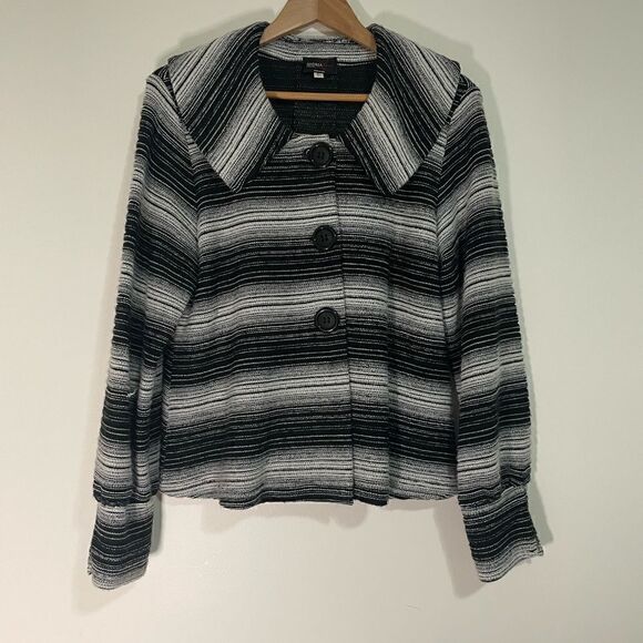 Andria Lieu Collection Womens Sweater Jacket Size L Black White Striped Buttons - Picture 1 of 4